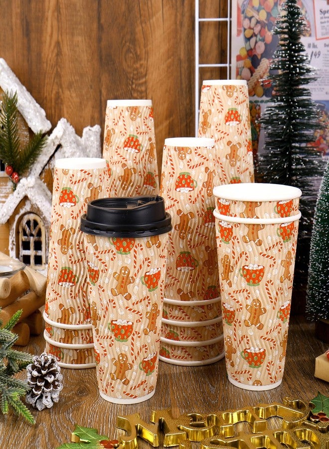 JarThenaAMCS 50 Pcs Christmas Disposable Coffee Cups with Lids Gingerbread Man Candy Cane Paper Cup Corrugated Ripple Wall Insulated Hot Cups for Xmas Winter Home Office Party Supplies, 16 Oz - Image 4